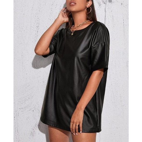 Loose Casual PU Leather Short Sleeve T-shirt For Ladies (Color:Black Size:M)