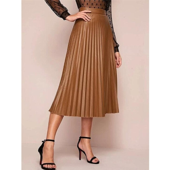 Pleated PU Leather Skirt For Ladies (Color:Khaki Size:S)