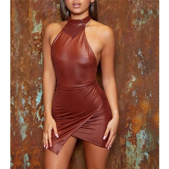 Tight-fitting PU Leather Halterneck Dress For Ladies (Color:Coffee Size:S)