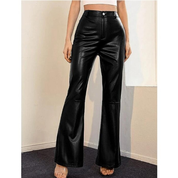 Loose Casual Flared Trousers PU Leather Pants For Ladies (Color:Black Size:S)