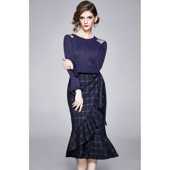 Bright Silk Sweater + Irregular Plaid Pattern One-piece Ruffle Skirt Suit (Color:Dark Blue Size:M)