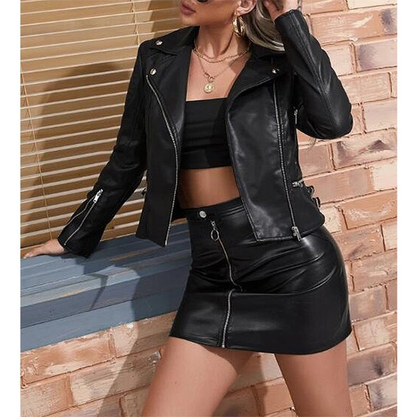 Loose Casual Short Zipper Long Sleeve PU Leather Jacket For Ladies (Color:Black Size:L)