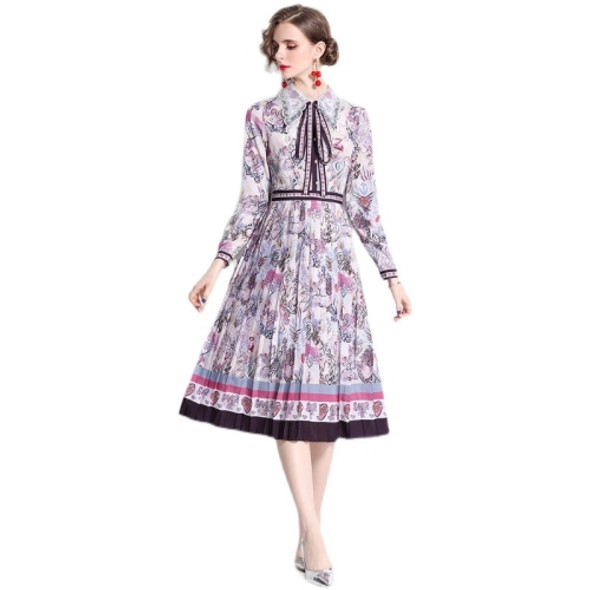 Early Spring Long-sleeved Lapel Printed Big Swing Dress (Color:Light Purple Size:XL)