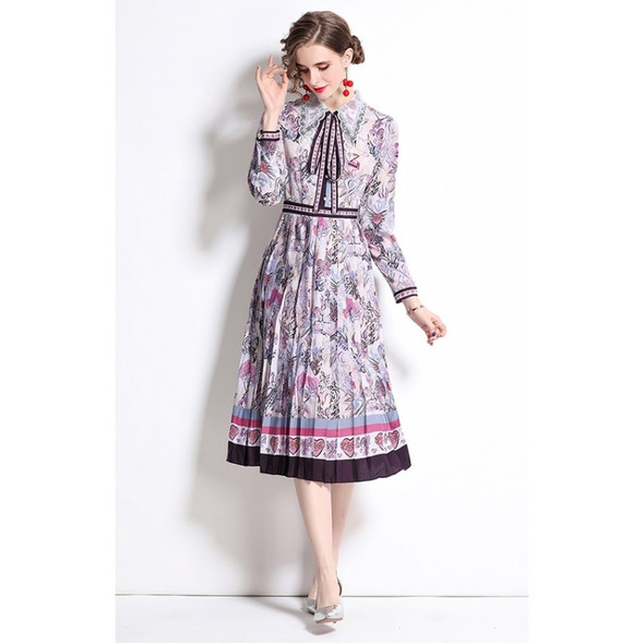 Early Spring Long-sleeved Lapel Printed Big Swing Dress (Color:Light Purple Size:XL)