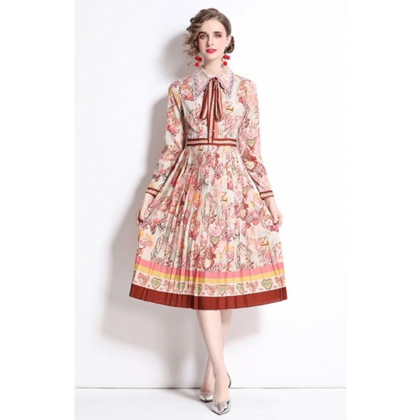 Early Spring Long-sleeved Lapel Printed Big Swing Dress (Color:Brick Red Size:XL)