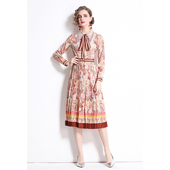 Early Spring Long-sleeved Lapel Printed Big Swing Dress (Color:Brick Red Size:XL)