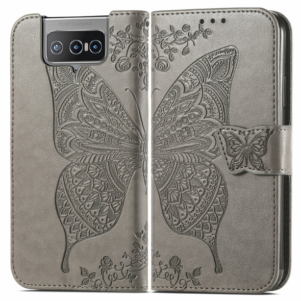 For Asus Zenfone 8 Flip Butterfly Love Flower Embossed Horizontal Flip Leather Case with Holder & Card Slots & Wallet & Lanyard(Gray)