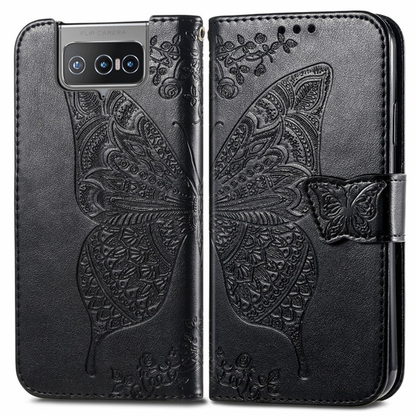 For Asus Zenfone 8 Flip Butterfly Love Flower Embossed Horizontal Flip Leather Case with Holder & Card Slots & Wallet & Lanyard(Black)