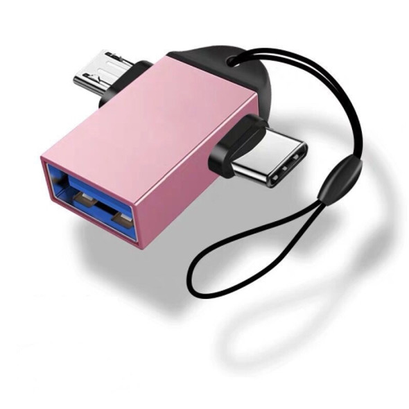10 PCS LI-09 USB 3.0 Female to USB-C / Type-C + Micro USB Male Multi-Function OTG Adapter with Lanyard(Rose Gold)