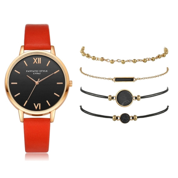 LVPAI XR3795 Ladies PU Strap Alloy Quartz Watch + Bracelet Set(Red)