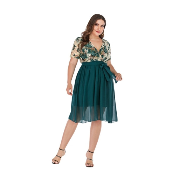 Rose Lace Chiffon V-neck Sexy Plus Size Dress (Color:Green Size:XXXXL)