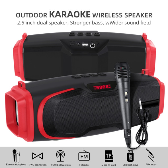 New Rixing NR-6012M Bluetooth 5.0 Portable Outdoor Karaoke Wireless Bluetooth Speaker with Microphone & Shoulder Strap(Red)