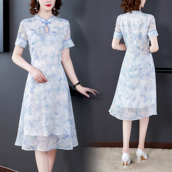 Retro Cheongsam Short Sleeve Chiffon Dress (Color:Light Blue Size:S)