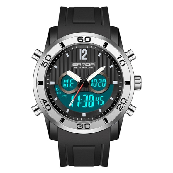 SANDA 3106 Dual Digital Display Men Outdoor Sports Luminous Shockproof Electronic Watch(Black Silver)