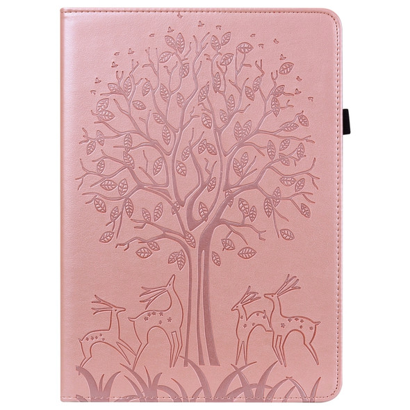 For Lenovo M10 TB-X505L Tree & Deer Pattern Pressed Printing Horizontal Flip PU Leather Case with Holder & Card Slots(Pink)