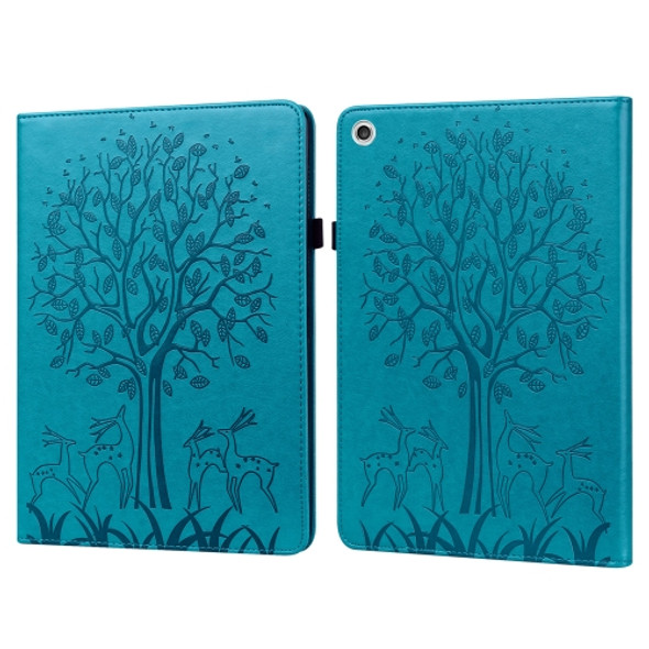 For Lenovo M10 TB-X505L Tree & Deer Pattern Pressed Printing Horizontal Flip PU Leather Case with Holder & Card Slots(Blue)