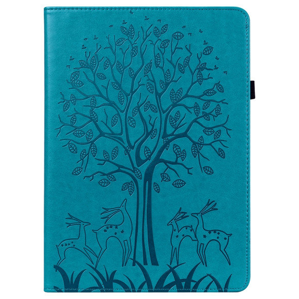 For Lenovo M10 TB-X505L Tree & Deer Pattern Pressed Printing Horizontal Flip PU Leather Case with Holder & Card Slots(Blue)