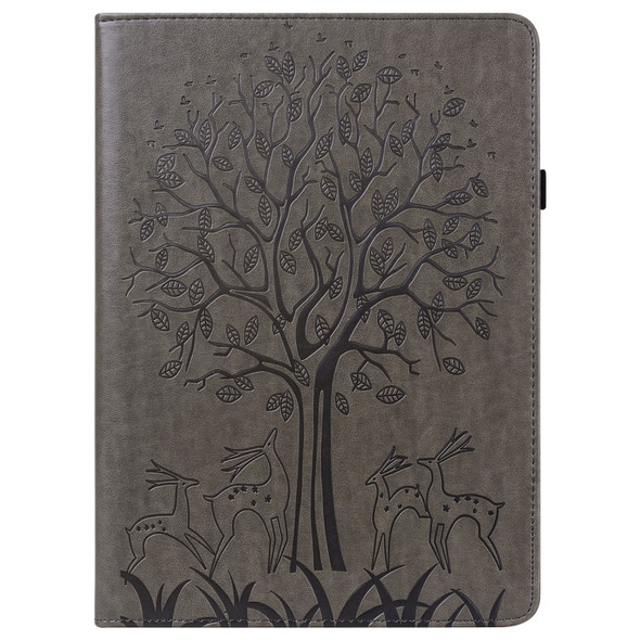 For Lenovo M10 TB-X505L Tree & Deer Pattern Pressed Printing Horizontal Flip PU Leather Case with Holder & Card Slots(Grey)