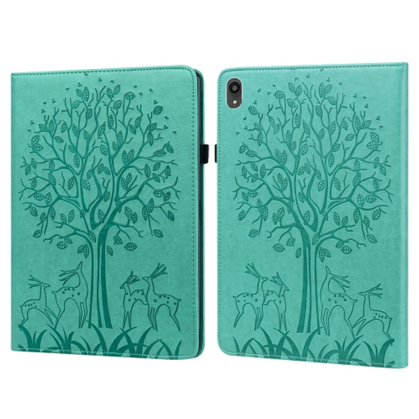 For Lenovo Tab P11 2020 / P11 Plus 2021 Tree & Deer Pattern Pressed Printing Horizontal Flip PU Leather Case with Holder & Card Slots(Green)