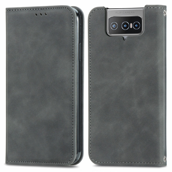 For Asus Zenfone 8 Flip Retro Skin Feel Business Magnetic Horizontal Flip Leather Case with Holder & Card Slots & Wallet & Photo Frame(Gray)