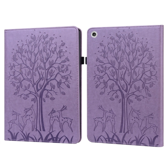 For Lenovo M10 TB-X505L Tree & Deer Pattern Pressed Printing Horizontal Flip PU Leather Case with Holder & Card Slots(Purple)