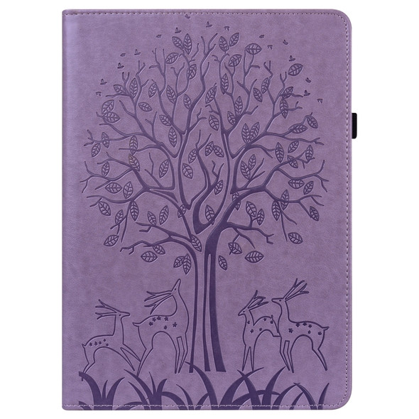 For Lenovo M10 TB-X505L Tree & Deer Pattern Pressed Printing Horizontal Flip PU Leather Case with Holder & Card Slots(Purple)