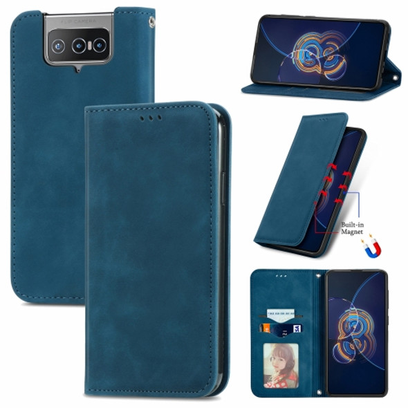 For Asus Zenfone 8 Flip Retro Skin Feel Business Magnetic Horizontal Flip Leather Case with Holder & Card Slots & Wallet & Photo Frame(Blue)