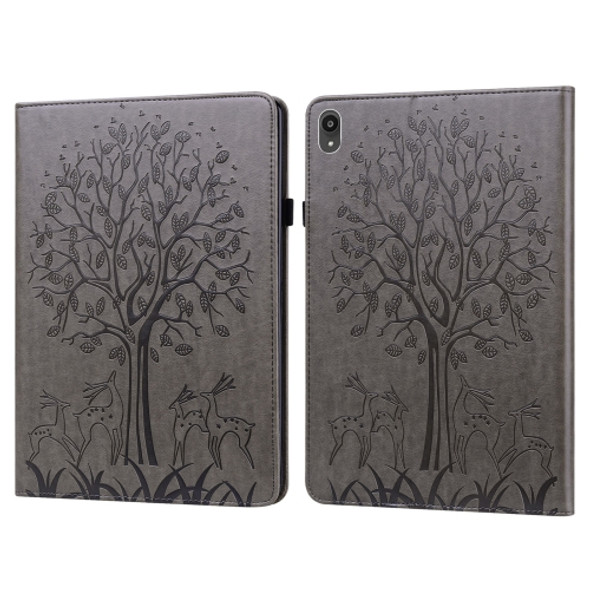 For Lenovo Tab P11 2020 / P11 Plus 2021 Tree & Deer Pattern Pressed Printing Horizontal Flip PU Leather Case with Holder & Card Slots(Grey)