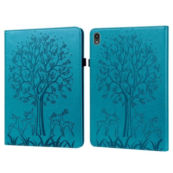 For Lenovo Tab P11 2020 / P11 Plus 2021 Tree & Deer Pattern Pressed Printing Horizontal Flip PU Leather Case with Holder & Card Slots(Blue)