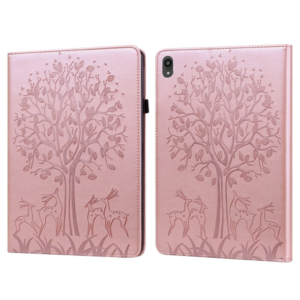 For Lenovo Tab P11 2020 / P11 Plus 2021 Tree & Deer Pattern Pressed Printing Horizontal Flip PU Leather Case with Holder & Card Slots(Pink)