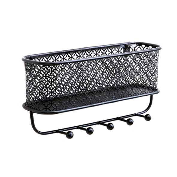 CK0457 Wrought Iron Wall Rack Clothes Key Hook Clothes Storage Wall Hanging Basket, Color: Black