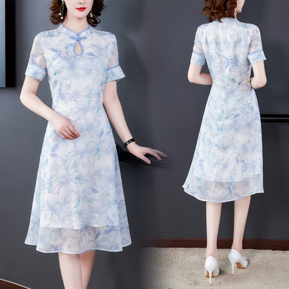 Retro Cheongsam Short Sleeve Chiffon Dress (Color:Light Blue Size:XXL)