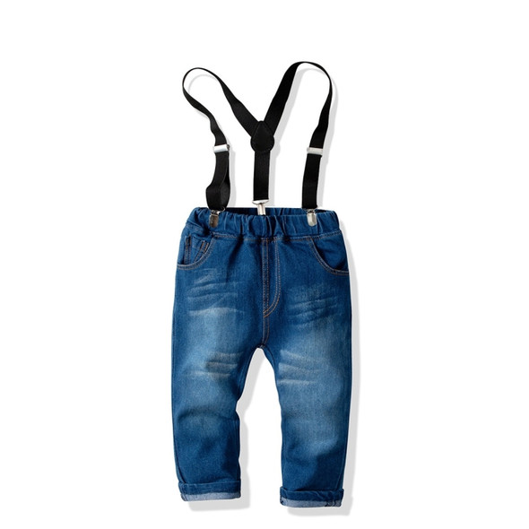 Children Long-sleeved Shirt + Denim Suspenders And Trousers Two-piece Suit (Color:Blue Size:110)