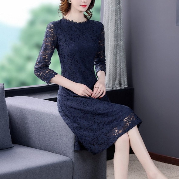 Fashion Simple Lace Skirt A-line Dress (Color:Navy Blue Size:L)