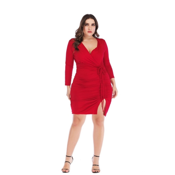 V-Neck Long Sleeve Split Package Hip Plus Size Dress (Color:Red Size:XL)