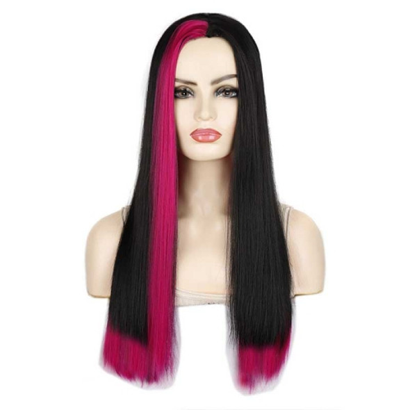 Fashion Medium Haircut Side Bangs Highlight Color Long Straight Wig(Black Rose Red)