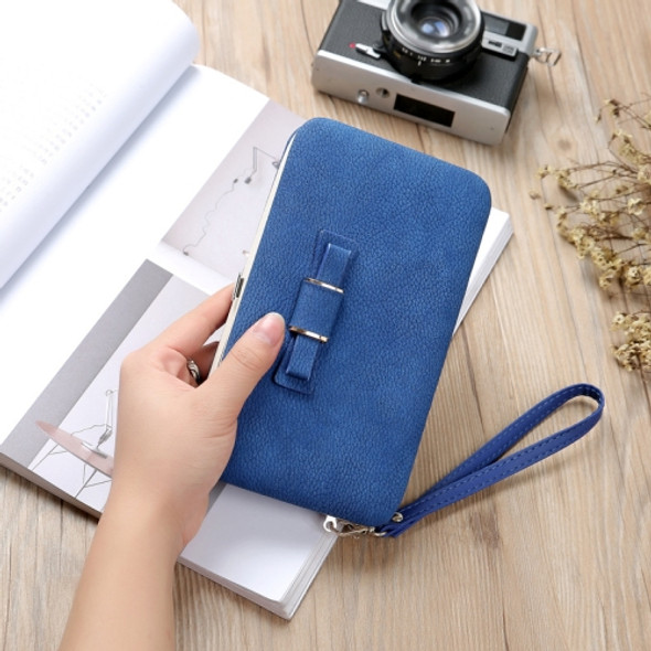Multi-Purpose Long Type Bow Mobile Phone Bag Lady Wallet Card Bag(Blue)