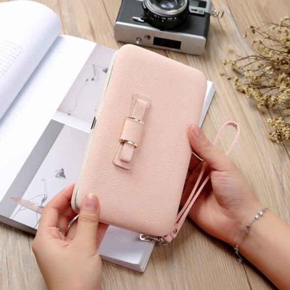 Multi-Purpose Long Type Bow Mobile Phone Bag Lady Wallet Card Bag(Cherry Pink)