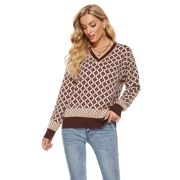 Long-sleeved V-neck Retro Diamond Elastic Sweater (Color:Coffee Size:XXL)