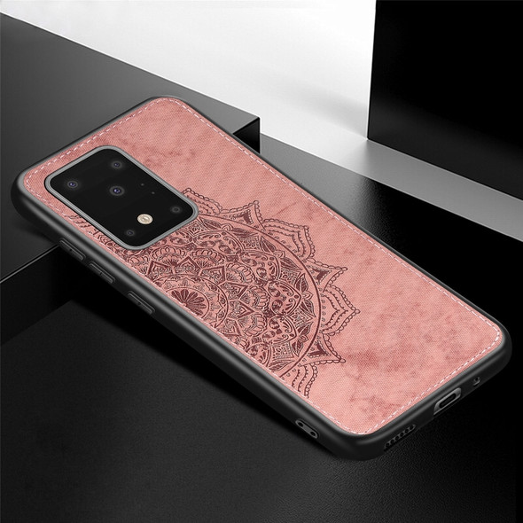 For Galaxy S20 Ultra Mandala Embossed Cloth Cover PC + TPU Mobile Phone Case with Magnetic Function and Hand Strap(Rose Gold)