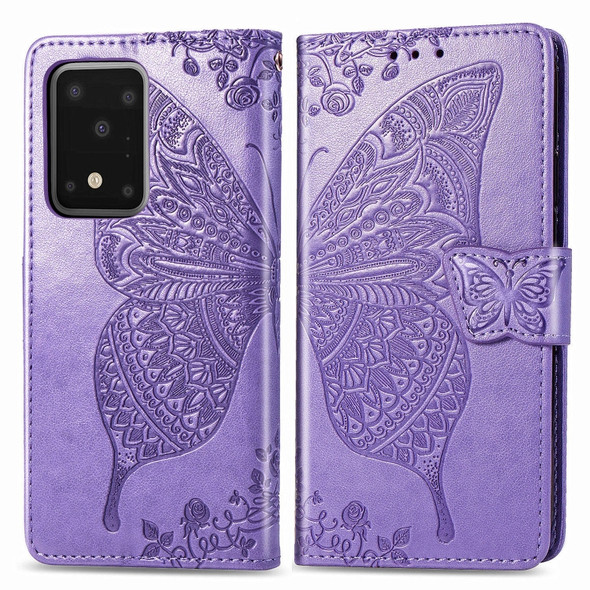 For Samsung Galaxy S20 Ultra Butterfly Love Flower Embossed Horizontal Flip Leather Case with Bracket / Card Slot / Wallet / Lanyard(Light Purple)