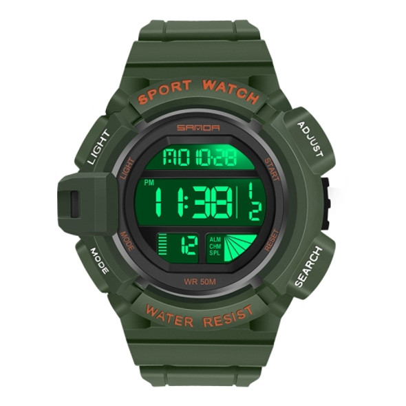 SANDA 2106 LED Digital Display Luminous Alarm Clock Men Outdoor Sports Electronic Watch(Army Green)