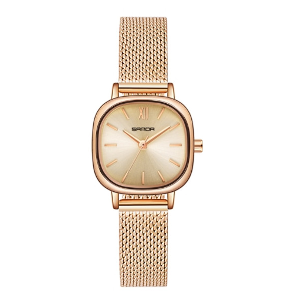 SANDA P1098 Simple Bar Scale Oval Dial Quartz Watch for Women(Mesh Belt Rose Gold)