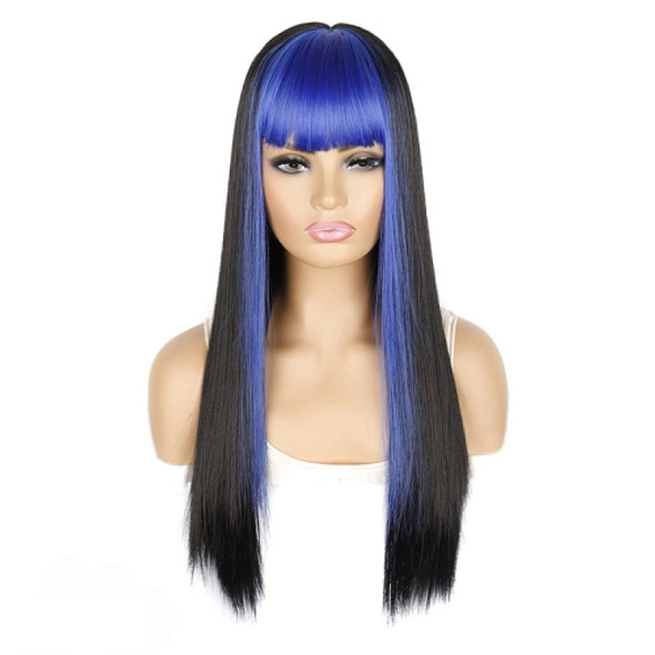 Color Bleaching And Dyeing Double Sideburns With Bangs Long Straight Hip-Hop Wig(Gem Blue Bleaching Black)