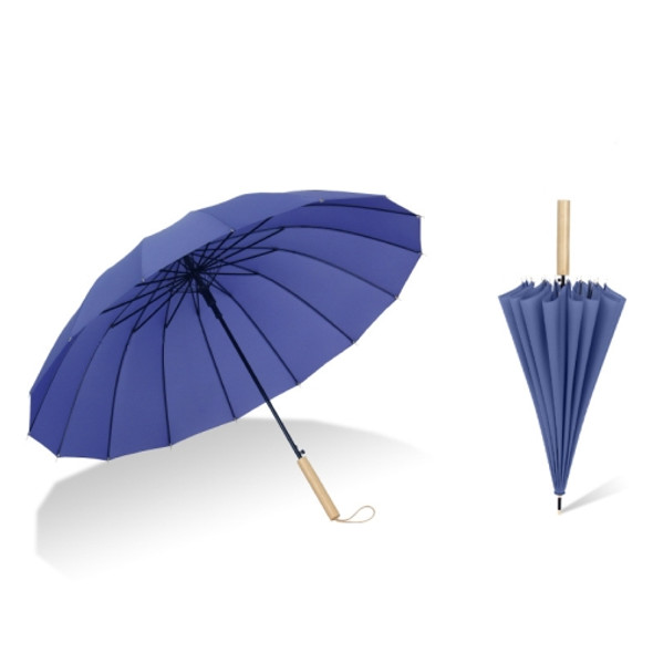 16 Bone Plain Straight Umbrella Small Fresh Long Handle Umbrella(Wood Handle Dark Blue)