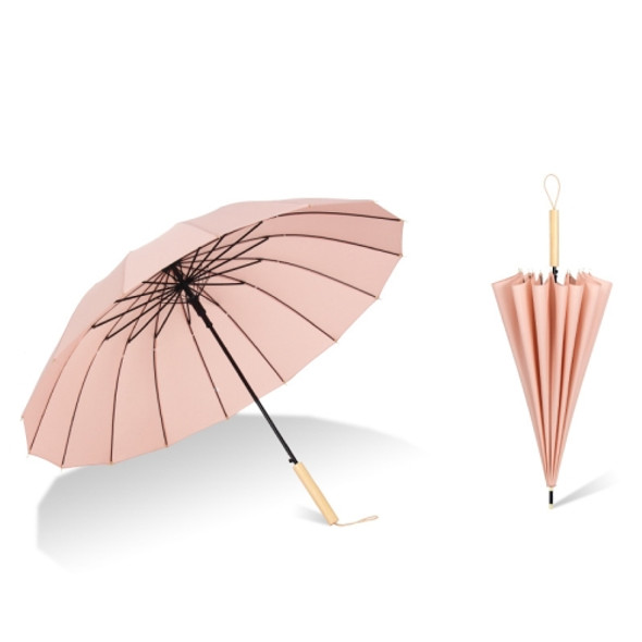 16 Bone Plain Straight Umbrella Small Fresh Long Handle Umbrella(Wood Handle Grapefruit Pink)