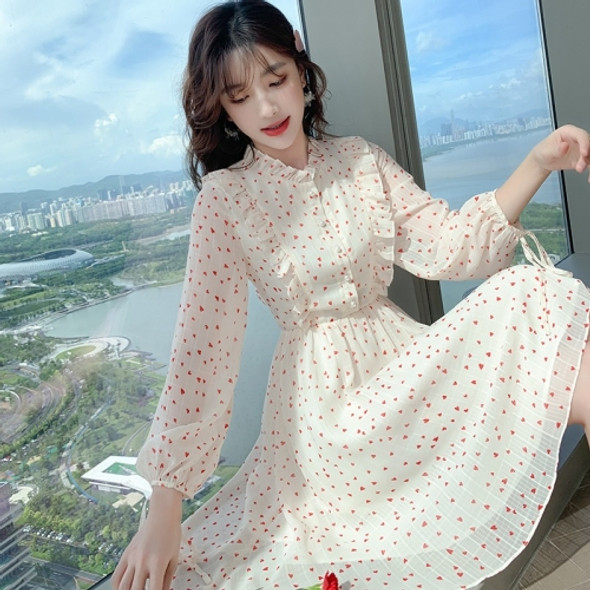 Spring Women Sweet Heart Print Dress A-line Skirt A091 (Color:Apricot Size:L)