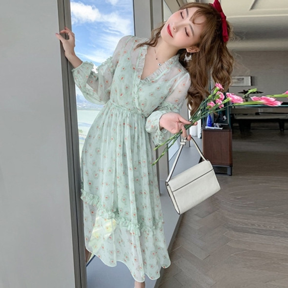 Spring Autumn Women V-neck Floral Fairy Dress Stylish Slim Long A-line Skirt C026 (Color:Green Size:S)