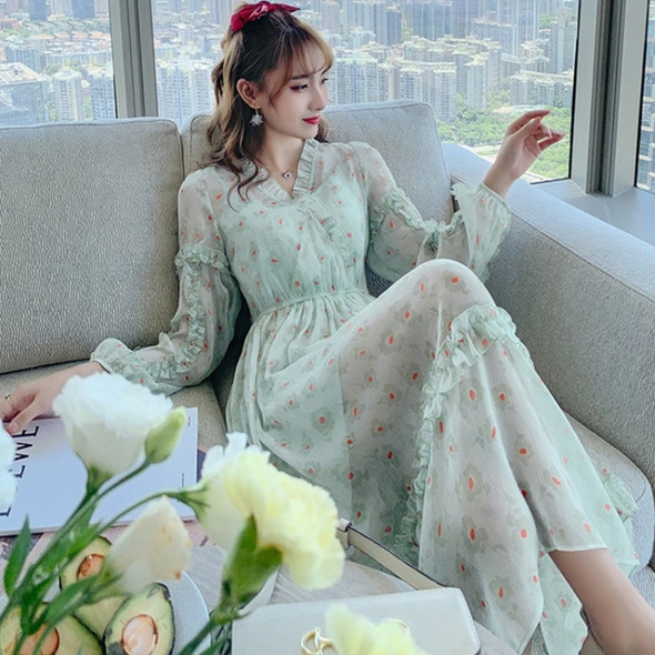 Spring Autumn Women V-neck Floral Fairy Dress Stylish Slim Long A-line Skirt C026 (Color:Green Size:S)