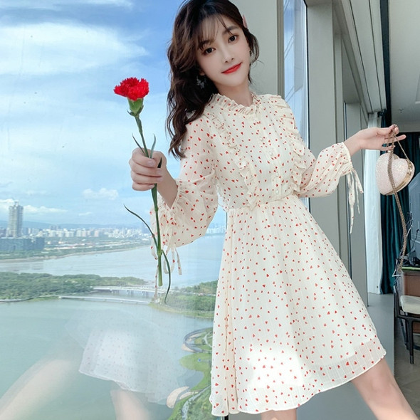Spring Women Sweet Heart Print Dress A-line Skirt A091 (Color:Apricot Size:M)